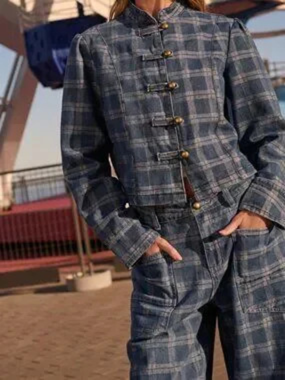 Blue Casual Women's Plaid Stand Collar Regular Fit Short Jacket
